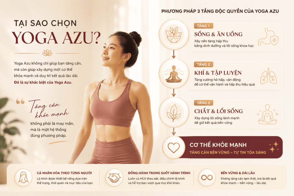 Phương pháp Yoga 3 Tầng Azu giúp phụ nữ tăng cân khỏe mạnh thông qua ăn uống, tập luyện và lối sống khoa học.