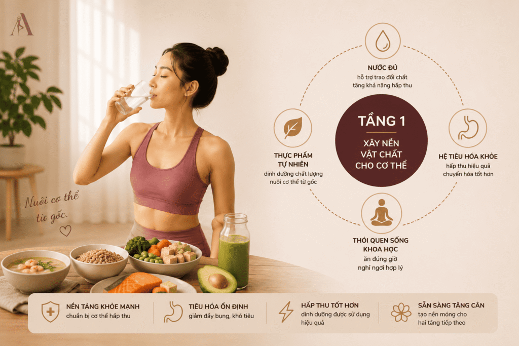 Tầng 1 phương pháp Yoga 3 Tầng Azu - Sống và ăn uống để tạo nền tảng hấp thu cho cơ thể khỏe mạnh.