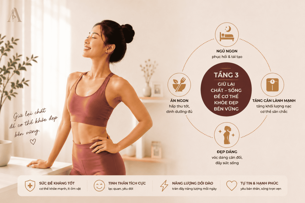 Tầng 3 Yoga Azu - Xây dựng lối sống lành mạnh để duy trì sức khỏe, hấp thu tốt và giữ kết quả tăng cân lâu dài.