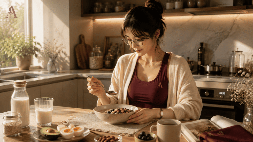 Người gầy chuẩn bị bữa ăn tăng cân với thực phẩm giàu dinh dưỡng theo phương pháp Yoga Azu